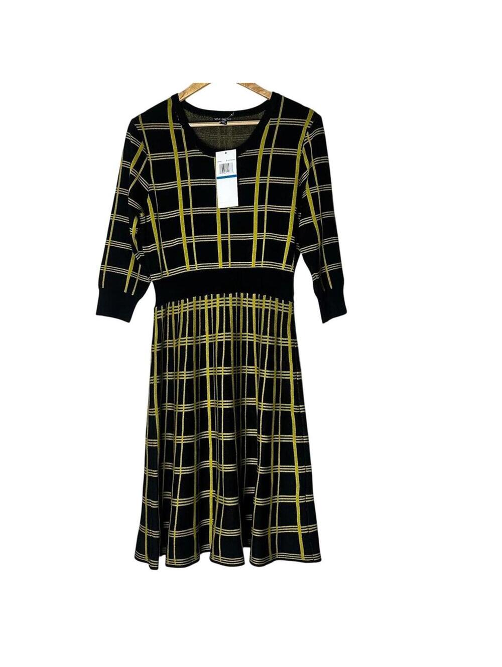 NWT Nina Leonard Black Yellow Plaid Dress XL Fit and Flare 3/4 Sleeve Knit